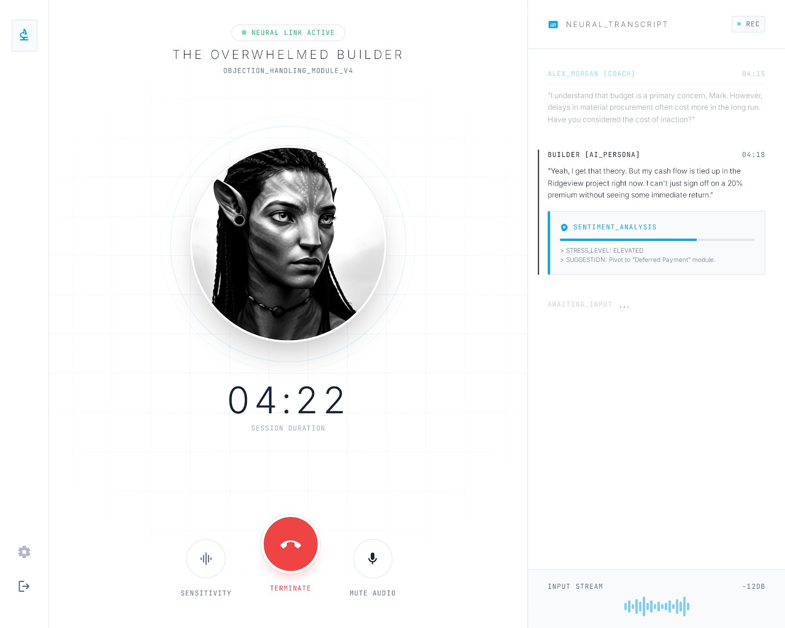 Live AI sales call — real-time voice conversation with sentiment analysis and transcript